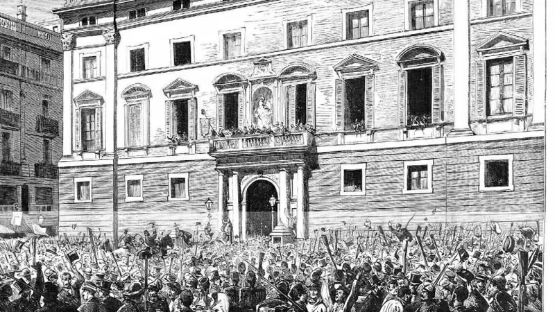 Gravat amb dibuix de José Luis Pellicer que mostra la plaça Sant Jaume el febrer de 1873, en la proclamació de la I República.