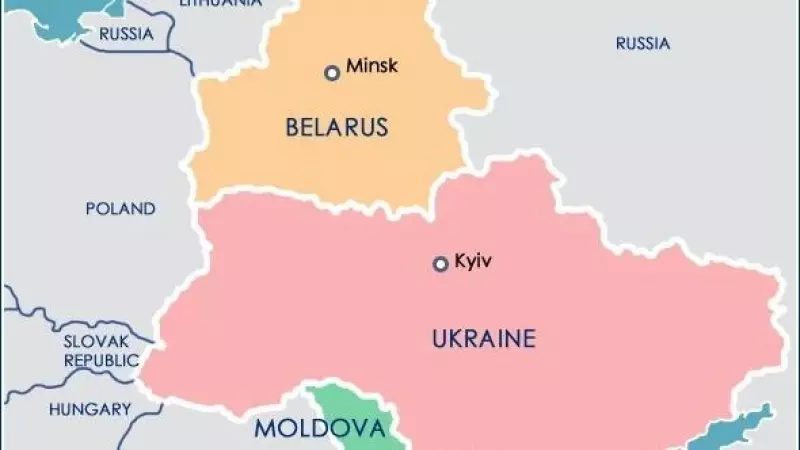 Mapa de Europa del Este que muestra la situación estratégica de Bielorrusia respecto a Rusia y Ucrania.