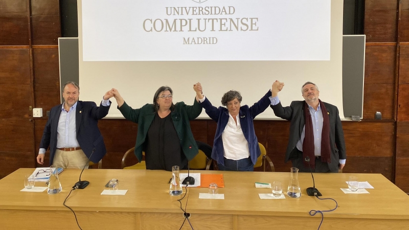 26/03/2023. Esther del Campo en la presentación del acuerdo , junto a los demás candidatos: María Castro Morera, Iñaqui López Sánchez y Jesús Pérez Gil, a 24 de marzo de 2023.