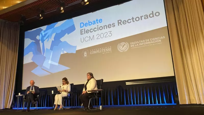 Los candidatos a la Rectoría de la Universidad Complutense de Madrid, Esther del Campo y Joaquín Goyache, debaten a dos días de la segunda vuelta, a 27 de marzo de 2023.