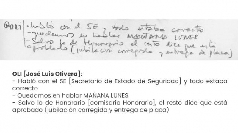 Apunte de la agenda de José Manuel Villarejo sobre José Luis Olivera 'jubilación completa y entrega de placa' del primero