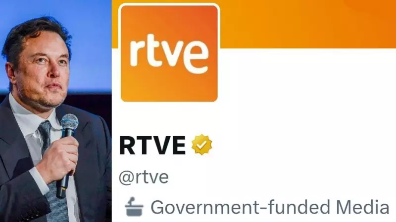 Montaje con el dueño de Twitter, Elon Musk y la de de RTVE, donde aparece la etiqueta de 'medio financiado por el Gobierno'.