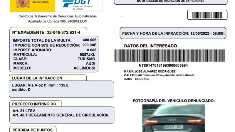25/5/23 Extracto de la multa impuesta por la DGT a la esposa del chófer de Manuel Baltar por circular con exceso de velocidad en el coche oficial del presidente de la Deputación de Ourense.
