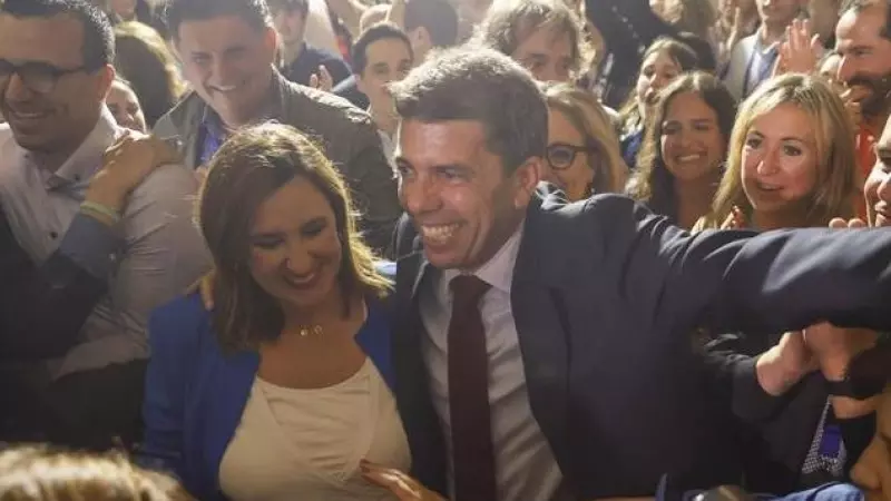 29/5/23 El presidente del PPCV, Carlos Mazón y la candidata a la alcaldía de Valencia, Maria José Catalá, a su llegada a la sede del partido en Valencia.