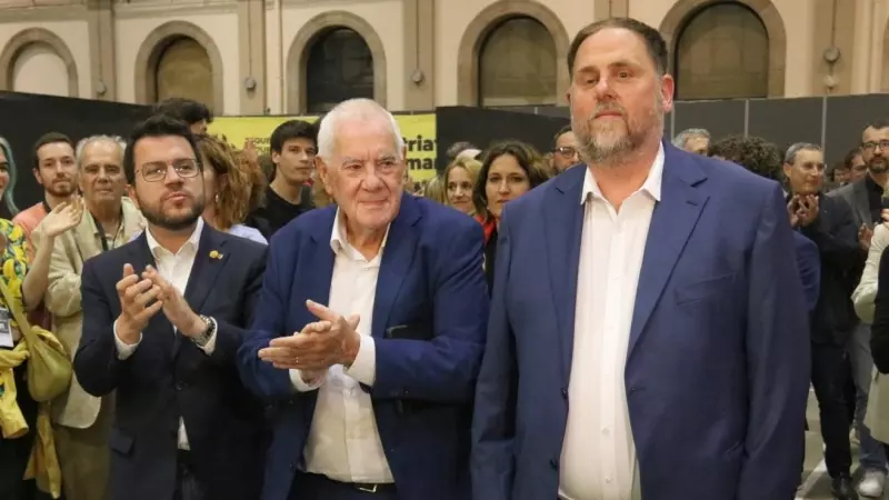 28/05/2023 - Pere Aragonès, Ernest Maragall i Oriol Junqueras durant la nit electoral del 28-M.