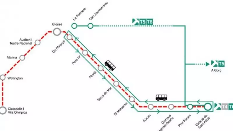 Mapa de afectaciones en la línia T4 del tranvía de Barcelona.