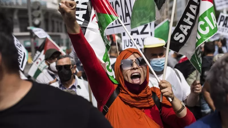 Varias personas con banderas y carteles, durante una manifestación por la libertad del Pueblo Saharaui-