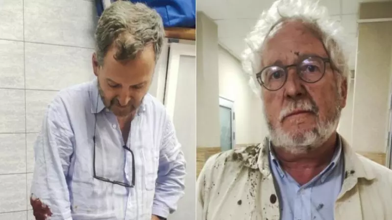 El escritor colombiano Héctor Abad y el excomisionado de Paz Sergio Jaramillo tras el ataque con un misil a un restaurante en Kramatorsk (Ucrania), a 27 de junio de 2023.