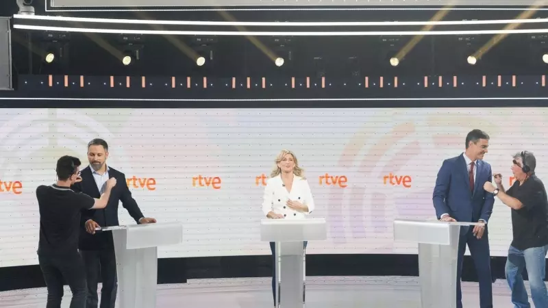 Los candidatos a la Presidencia, Santiago Abascal (Vox); Yolanda Díaz (Sumar), y Pedro Sánchez (PSOE), en el Estudio 6 de Prado del Rey, a 19 de julio de 2023, en Madrid (España)