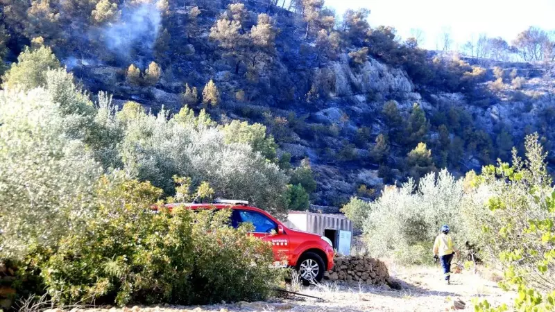 01/08/2023 - Un bomber a l'incendi del Perelló (Baix Ebre), en una imatge de dimarts.