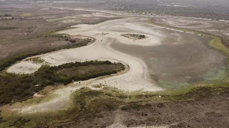 Vista aérea de la laguna de Santa Olalla ayer 9 de agosto de 2023.