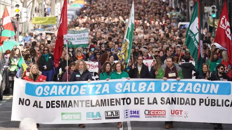 Numerosas personas se manifiestan para denunciar la situación del servicio de salud público vasco, a 25 de febrero de 2023, en Bilbao, Vizcaya, País Vasco (España).