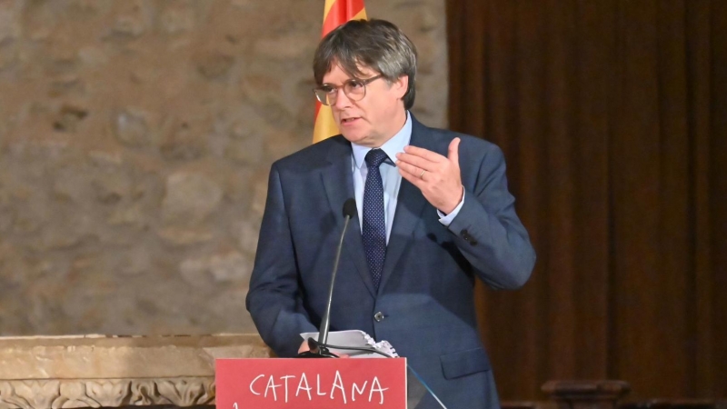 L'expresident Carles Puigdemont durant la seva intervenció a la Catalunya del Nord