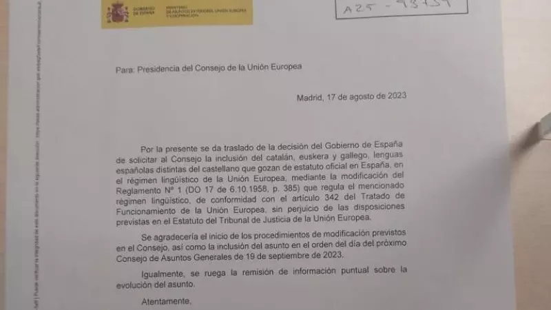 Documento que ha remitido Albares al Parlamento Europeo este 17 de agosto para solicitar el uso del catalán, euskera y gallego.