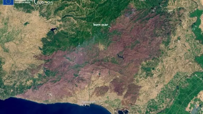 Imagen del satélite del programa Copernicus en el que se aprecia la amplia zona arrasada por el incendio de Evros (Grecia), el más grande registrado en la UE.