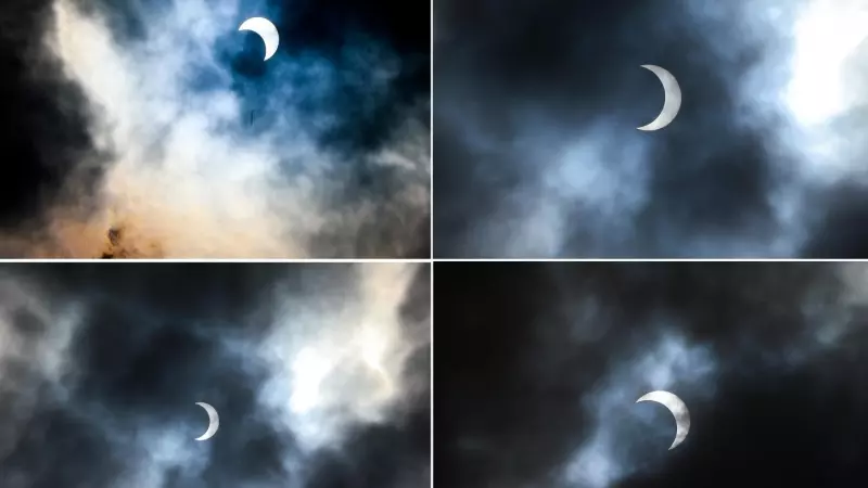 Combo de fotografías donde se observa la secuencia del eclipse solar anular, denominado “el anillo de fuego”, desde León, en el estado de Guanajuato (México).