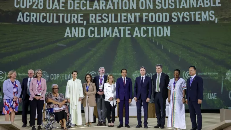 Varios mandatarios mundiales posan tras la firma de la Declaración de Emiratos Árabes Unidos sobre agricultura, alimentación y clima este 1 de diciembre de 2023 en Dubái.