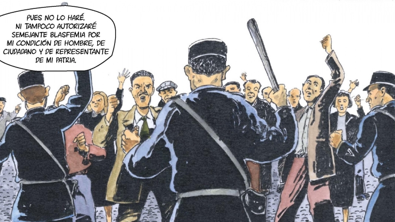 Viñeta del cómic 'Plomo y gualda. Entierro mexicano de Azaña en Francia', de Juanarete y Manuel Granell.