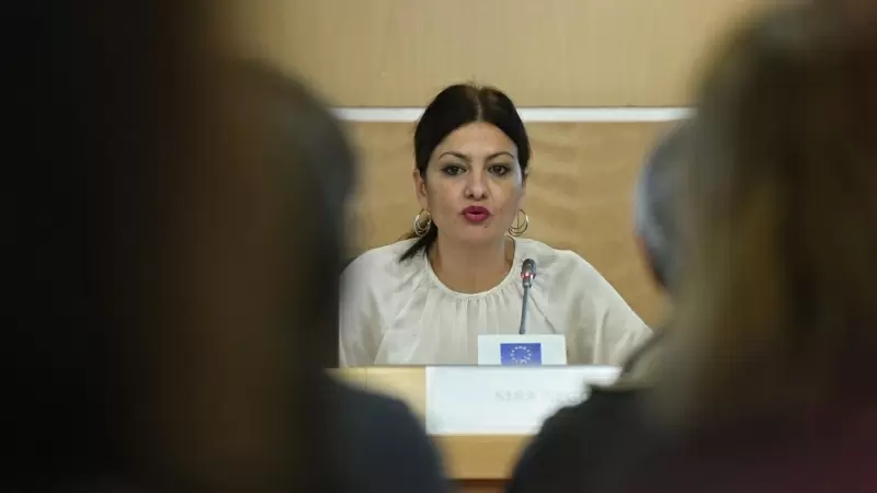 La ministra de Juventud e Infancia, Sira Rego, interviene durante el acto 'El derecho de Palestina a existir', en la sede del Parlamento Europeo, a 18 de enero de 2024, en Madrid.