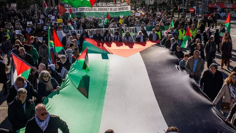 Varias personas llevan una bandera gigante de Palestina durante una manifestación en apoyo a Palestina, a 20 de enero de 2024, en Madrid