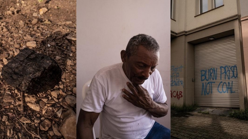 A la izquierda, un carbón de la mina colombiana de El Cerrejon. En el centro, Emilio Pérez quién sufrió la violencia policial durante la expulsión de Tabaco, en La Guajira, Colombia. A la derecha, etiquetas contra las minas de carbón en Aquisgrán, Aleman