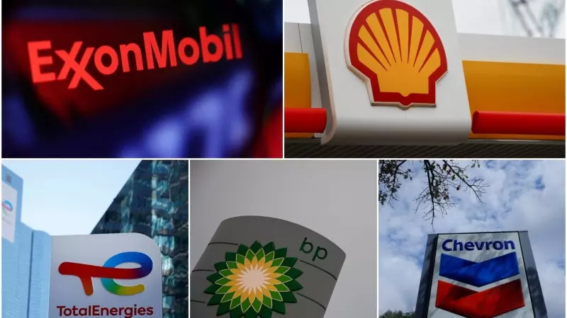 Logos de las cincos mayores petroleras occidentales: ExxonMobil, Shell, TotalEnergies, BP y Chevron.