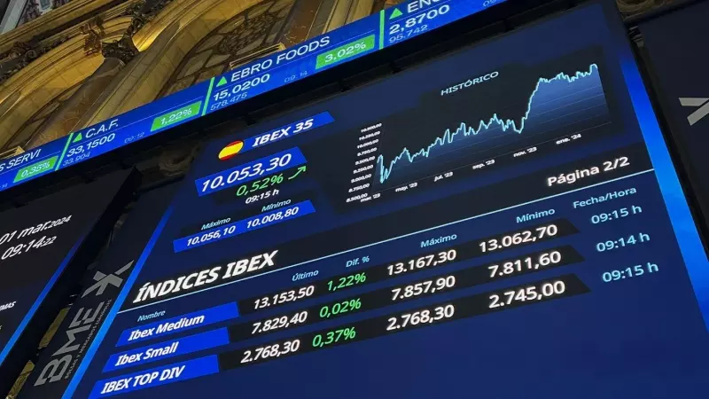 Varios paneles y monitores de la Bolsa de Madrid muestran la evolución del mercado. EFE/ Altea Tejido