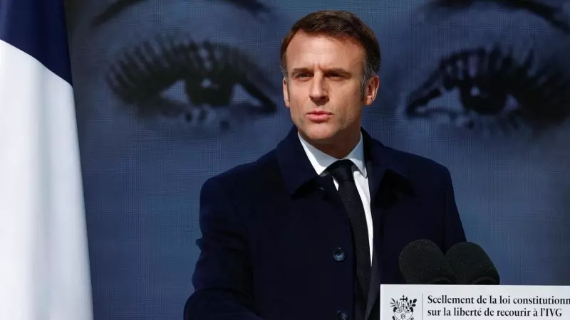 El presidente de Francia, Emmanuel Macron, durante el acto por la constitucionalización del aborto.