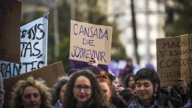 08/03/2024.- Grupos de mujeres participan en la manifestación convocada con motivo del 8M 'Día Internacional de la Mujer' este viernes, en Córdoba.