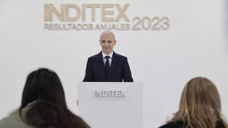 El consejero delegado de Inditex, Oscar García Maceiras, durante la presentación de los resultados del grupo textil en 2023, en la sede de la compañía, en Arteixo (A Coruña).  EFE/ Kiko Delgado