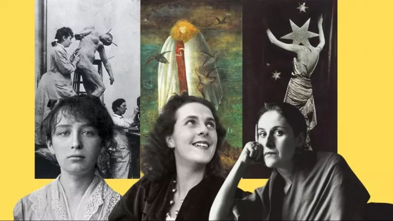 Camille Claudel, Leonora Carrington y Dora Maar con una de sus obras en segundo plano.