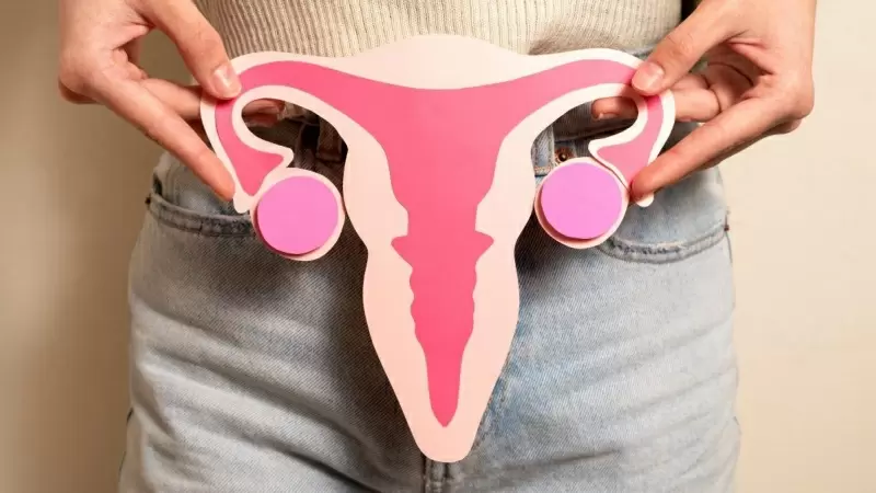 Imagen recurso de una mujer sosteniendo una cartulina que simboliza el aparato genital femenino