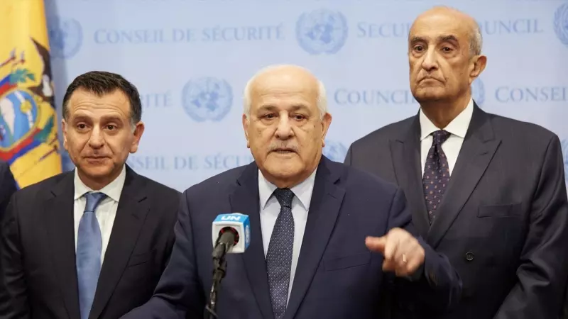 El embajador palestino ante las Naciones Unidas, Riyad Mansour, en una conferencia de prensa tras el Consejo de Seguridad de la ONU, a 9 de enero de 2024.