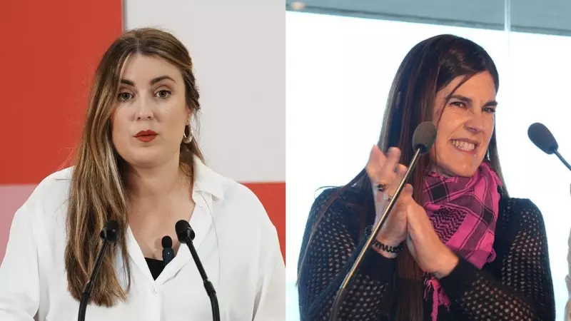 La candidata  a Lehendakari por Sumar, Alba García, a la izquierda, y la candidata por Elkarrekin Podemos, Miren Gorrotxategi, a la derecha