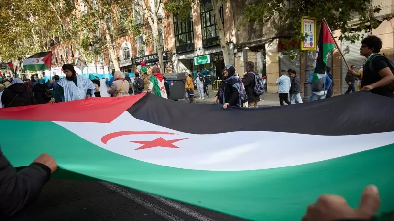 Varias personas sujetan una bandera durante una manifestación en apoyo al Sahara Occidental, desde Atocha a la plaza de Jacinto Benavente, a 11 de noviembre de 2023