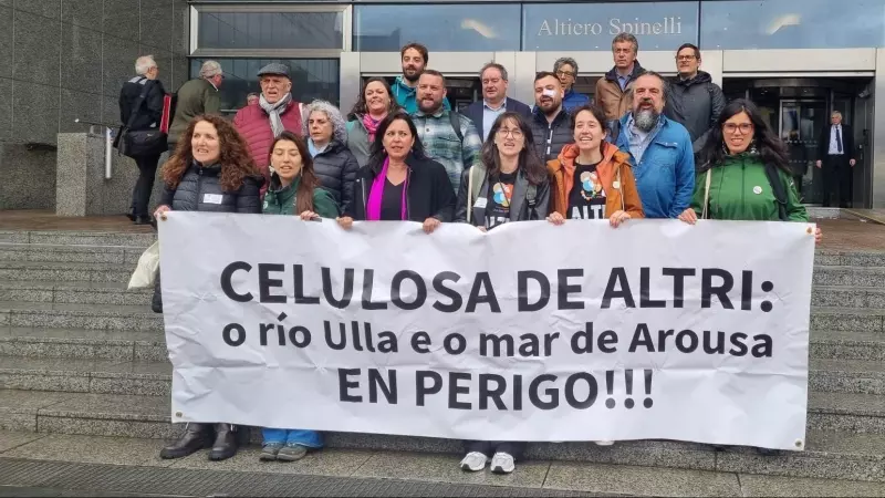 Representantes de los afectados por Altri, frente al Parlamento Europeo con la eurodiputada del BNG Ana Miranda.