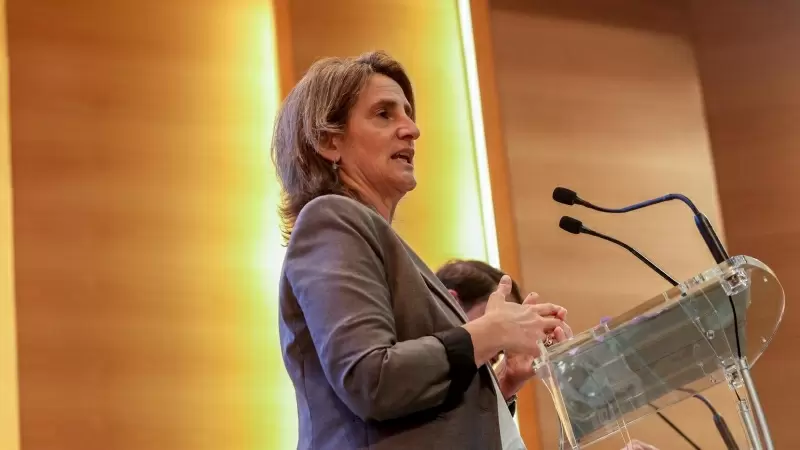 Teresa Ribera durante una rueda de prensa en el Ministerio de Transición Ecológica y Reto Demográfico, a 11 de abril de 2024.