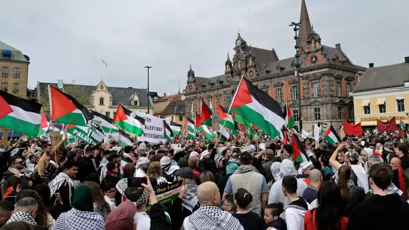 Protestas en la ciudad sueca de Malmö para exigir la expulsión de Israel del festival de Eurovisión, a 9 de mayo de 2024.