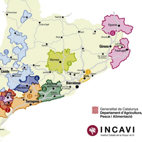 Mapa infogràfic amb les ubicacions de les onze denominacions d'origen de vins i denominació d'origen de Cava.