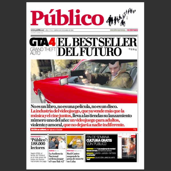 GTA IV en la portada de Público del 30 de abril de 2008.
