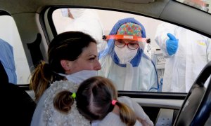 Una mujer y su hija se someten a un test para detectar el coronavirus desde su coche en la ciudad de Pozzuoli, cerca de Nápoles (Italia) /EFE