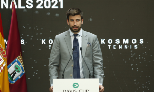 El futbolista y promotor del torneo, Gerard Piqué, interviene en la presentación oficial de las finales de la Copa Davis 2021 en la Real Casa de Correos