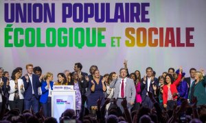 09/05/2022 - El líder del partido francés Francia Insumisa, Jean-Luc Melenchon, pronuncia un discurso junto al primer secretario del partido socialista, Olivier Faure, y otros miembros de la alianza durante el lanzamiento de la "Nueva Unión Popular Ecológ