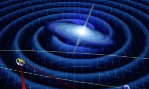 Esquema de LISA detectando ondas gravitacionales procedentes de una galaxia lejana.