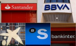 Los logos de los cinco grandes bancos españoles (Banco Santander, BBVA, Caixabank, Banco Sabadell, y Bankinter) en sus respectivas sucursales.