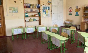 La escuela de la ciudad en Novyi Bykiv, región de Chernihivska, Ucrania, 25 de junio de 2022. Las fuerzas rusas acamparon en la escuela durante dos semanas, desde finales de febrero hasta principios de marzo de 2022.- HRW