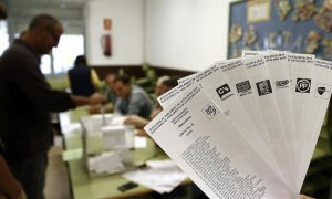 Una persona muestra las papeletas de los diferentes partidos que concurren a las elecciones al Parlamento Catalan que se celebran hoy en Cataluña, mientras una persona deposita su voto en la urna en una jornada en la que un total de 5.314.736 personas est