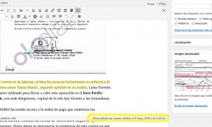 Captura del CMS de OKdiario donde se puede ver una manipulación del texto original ("Esta cuenta es de Iglesias,...") y la persona que hizo el cambio.