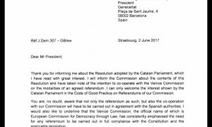 Carta del president de la Comissió de Venècia adreçada al president de la Generalitat