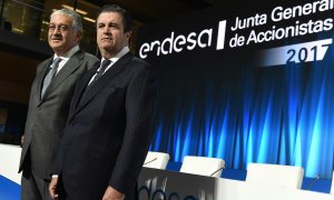 El consejero delegado de Endesa, José Bogas, y el presidente, Borja Prado, en la última junta de accionistas de la eléctrica. E.P.